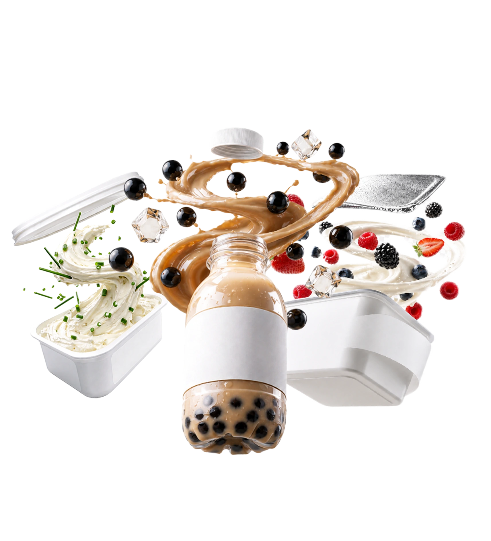 Illustration von verschieden Produkten wie Boba Tee und Joguhrt mit Beeren